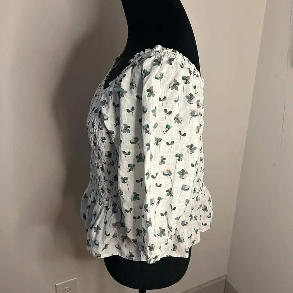 LOFT smocked peplum puff‎ sleeves white green floral top Sz L